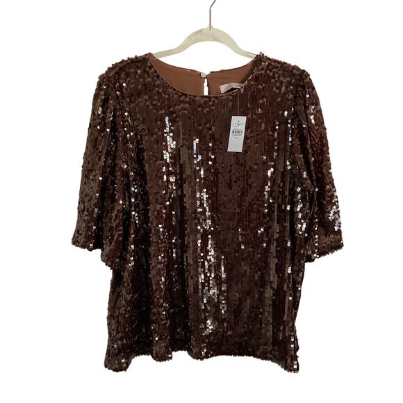 LOFT XL Brown Fully Sequined Shimmer Short Sleeve Dressy Holiday Blouse - NEW - Picture 1 of 8